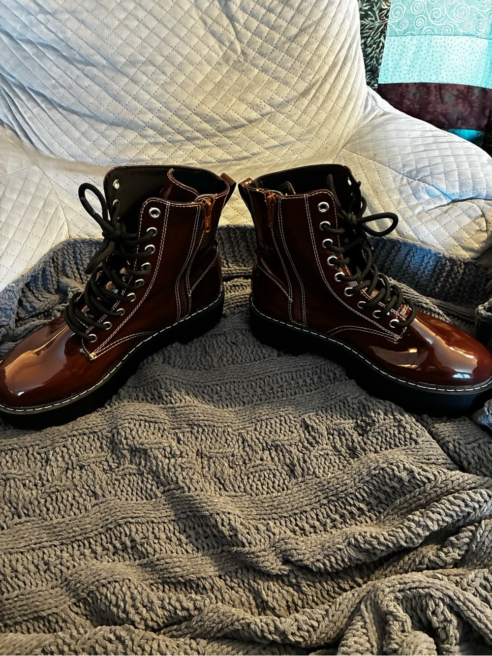DIY Whimsical Cottage Core Glitter Floral Brown Wedge Combat Boots Unique - Picture 12 of 15